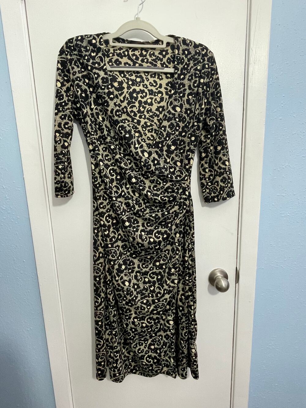 Y2K VTG David Loren Dress Small Faux Wrap Black Gold Floral Whimsygoth